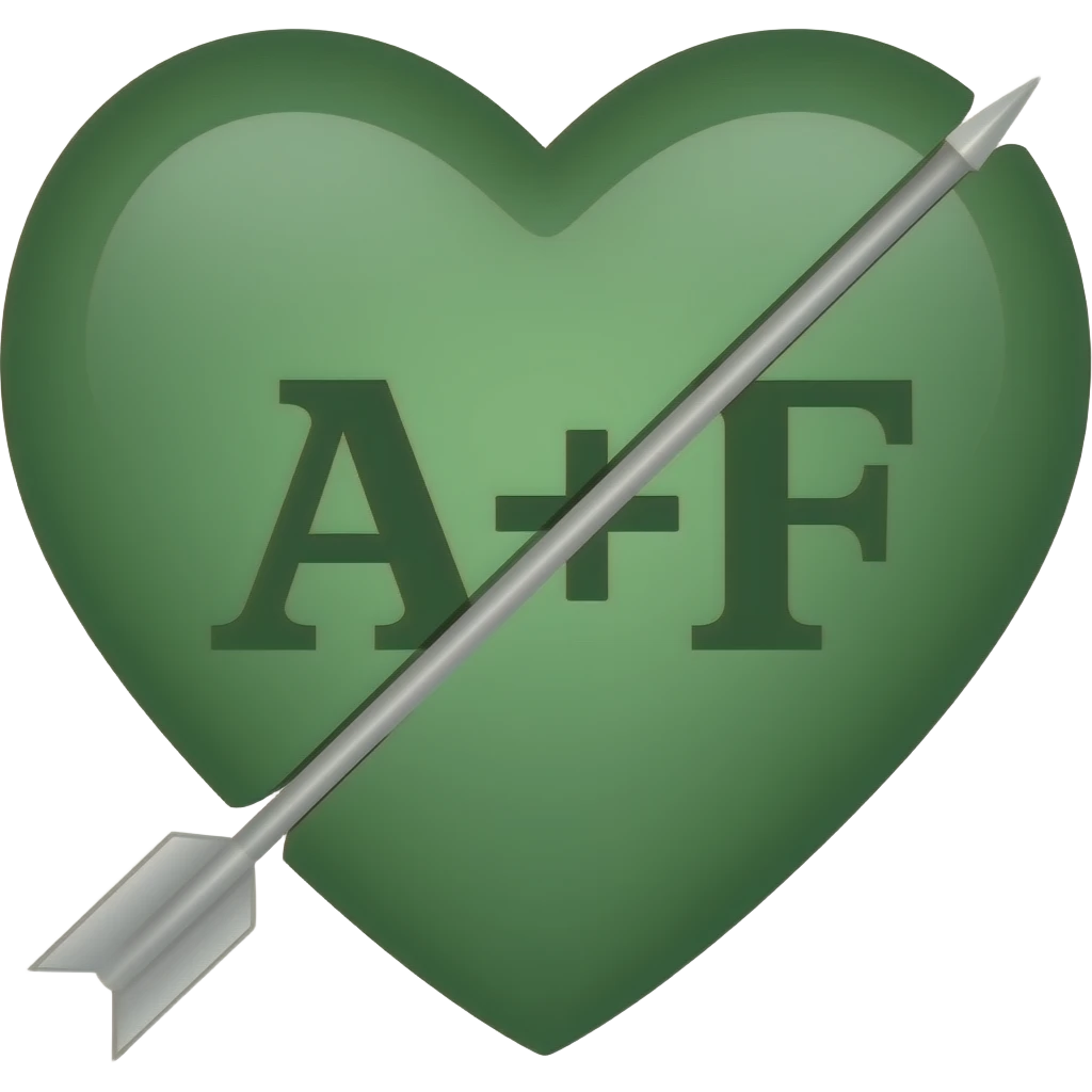 Dark green Heart with arrow going through it with “A+F” in the middle of the heart emoji