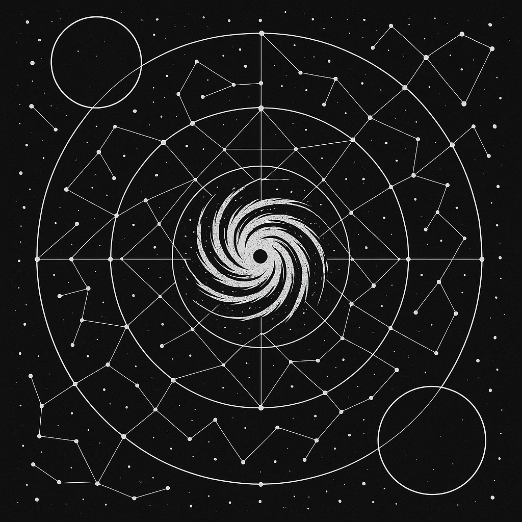 a design for an decorative black and white star map, showing linework ...