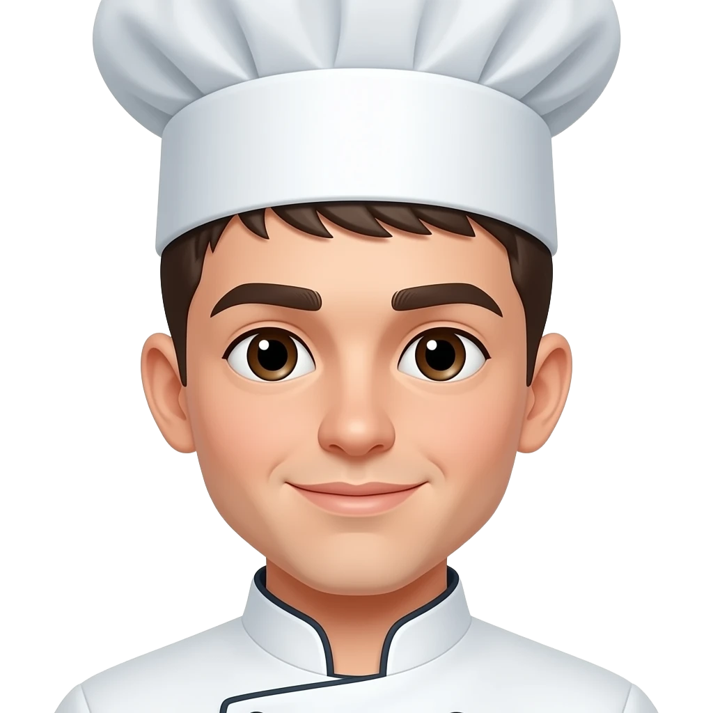 Young man with dark brown buzzcut and dark eyes with chef’s hat emoji