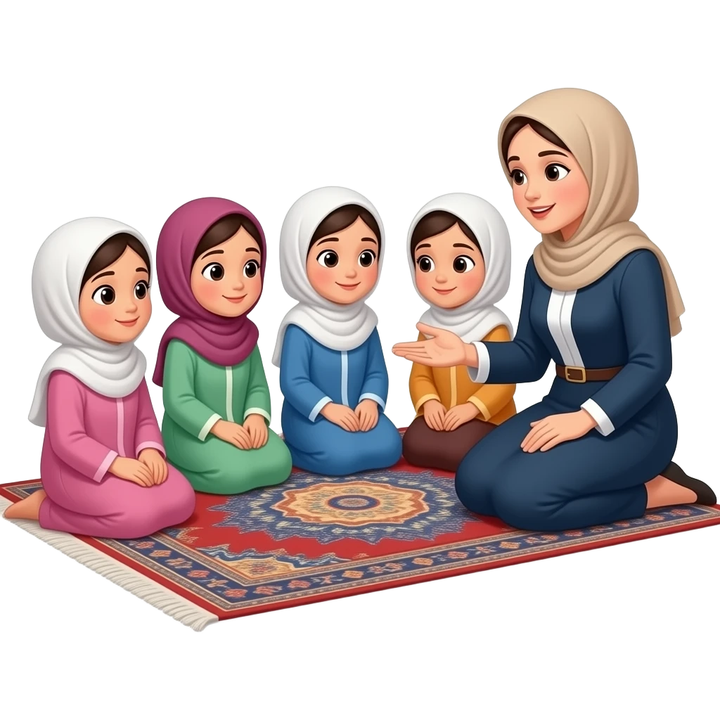 hijabi  little girls sitting with their teacher feamale on carpet. All wearing abayas. 5 girls in total. teacher is explainig emoji