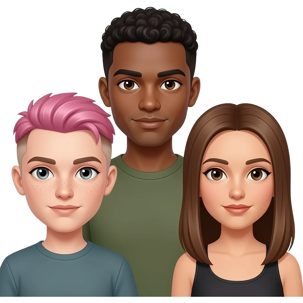 three people: short nonbinary person with short pink hair, brown eyebrows, and a brown undercut with pale skin, gray eyes and freckles, a tall olive-skinned man with dark brown eyes + very short curly hair, and a medium height woman with light tan skin, light brown straight long hair, and brown eyes emoji