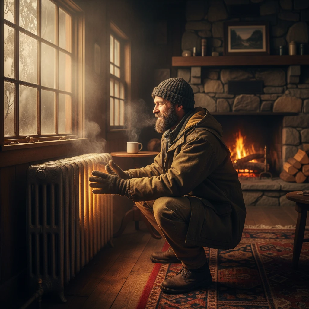 man warms his hands by the heater emoji