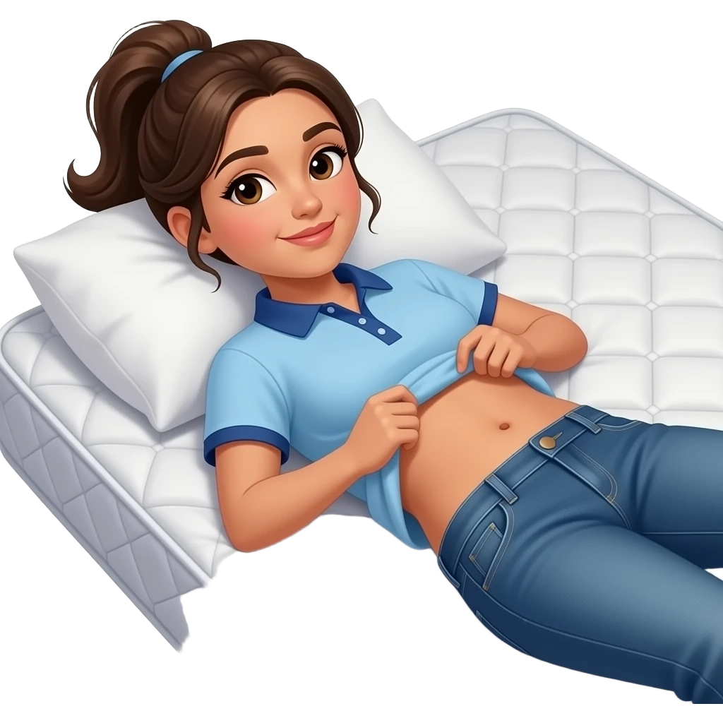 Hispanic girl with brown ponytail and blue eyes light blue and dark blue polo and dark blue baggy jeans and belly button laying down on her pillow on her bed lifting her shirt belly rolling emoji
