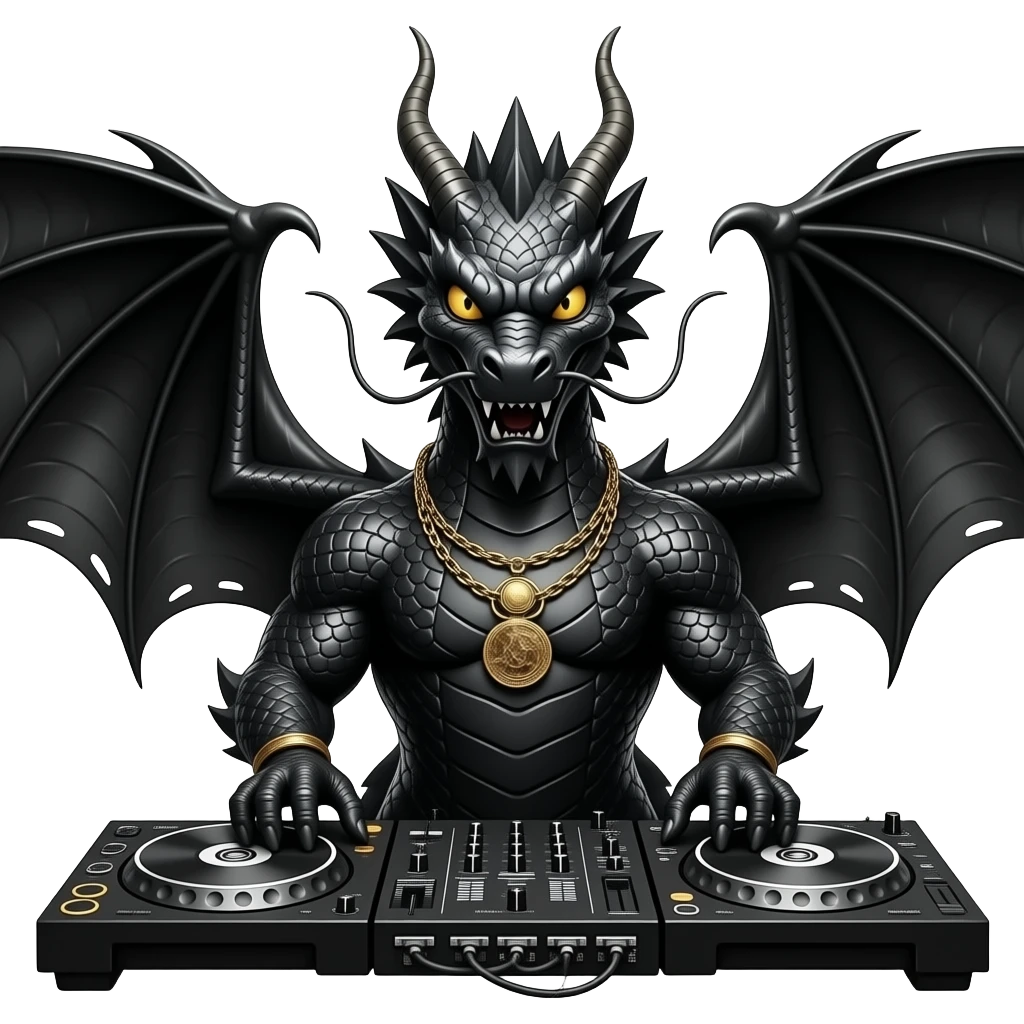 ancient Black dragon DJ, highly detailed, hyper real, DJ Deck, facing forward emoji