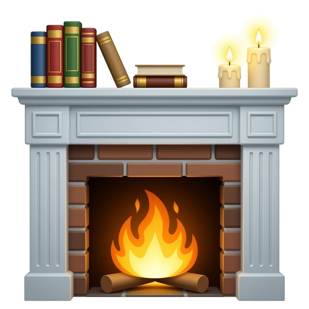 Fireplace with books and candles on the mantle emoji