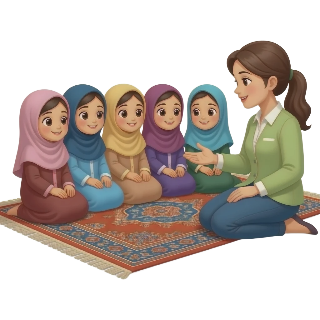 hijabi  little girls sitting with their teacher feamale on carpet. All wearing abayas. 5 girls in total. teacher is explainig emoji
