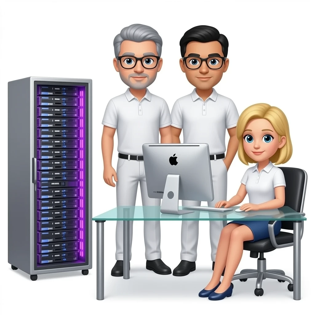 background is a silver server cabinet with purple backlighting, in the foreground is a glass table and an imac computer, two men are standing, gray hair, black glasses, black hair, gray glasses, dressed in white pants and a polo shirt, a blonde girl is sitting at the table, emoji