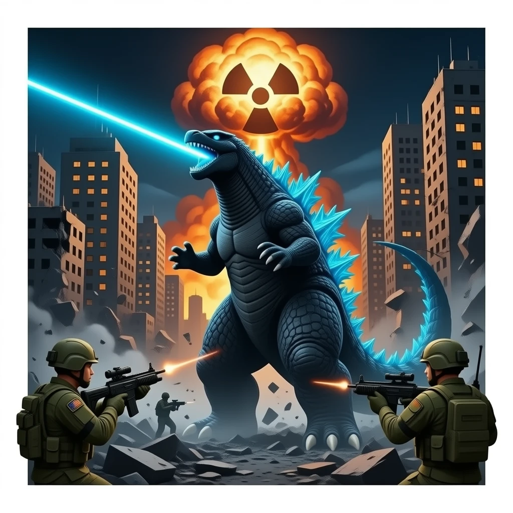 Godzilla minus one on atomic explosxion on destroyed city and doing laser breath blue and military attacking emoji