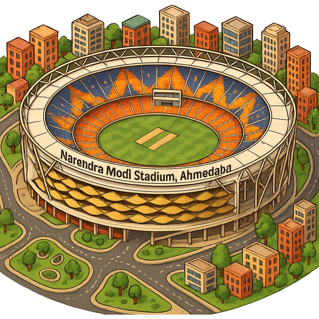 Изометричная, яркая, детализированная иллюстрация стадиона Narendra Modi Stadium в Ахмедабаде, Индия, в стиле 3D-коллажей городов, насыщенные цвета, аккуратные линии, мультяшно-реалистичная стилистика. Чёткие контуры, прозрачный фон, высокое качество. emoji