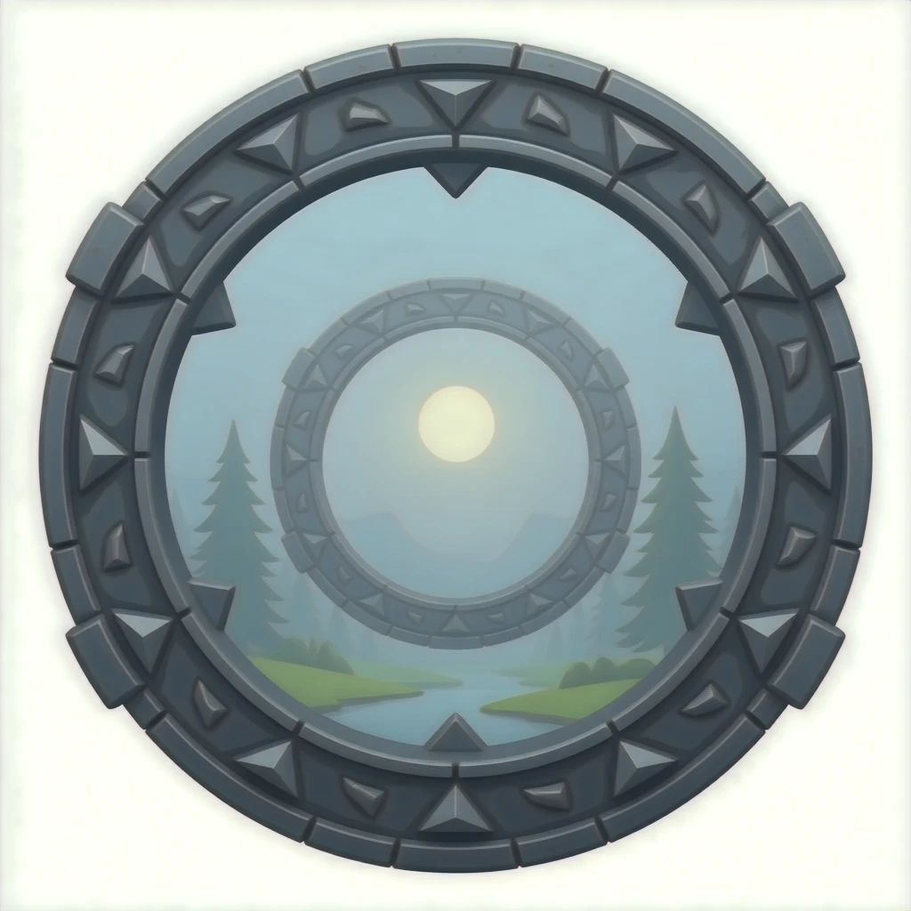 A ancient stargate made of dark gray metal with Nine chevrons equally spaced around the rim, emoji