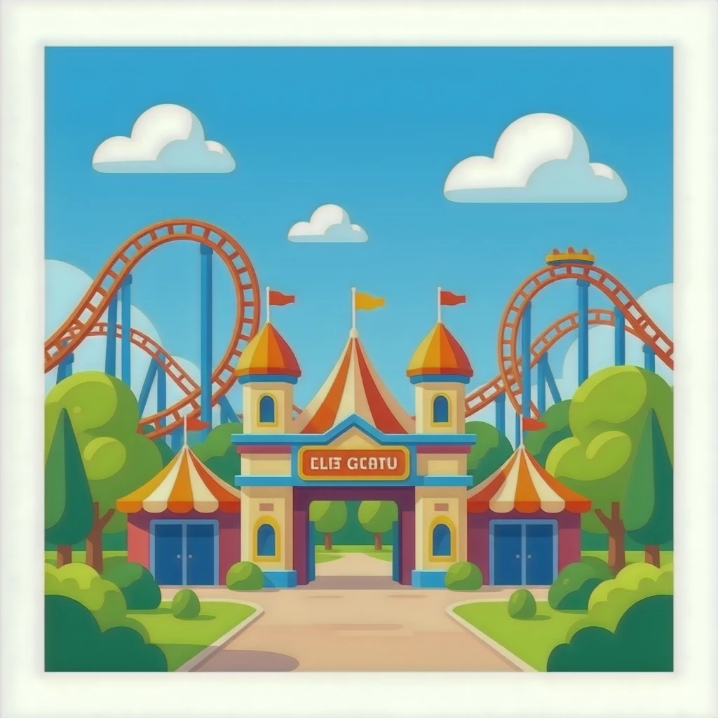 a theme park entrance with roller coasters in background, flat design, vibrant colors emoji