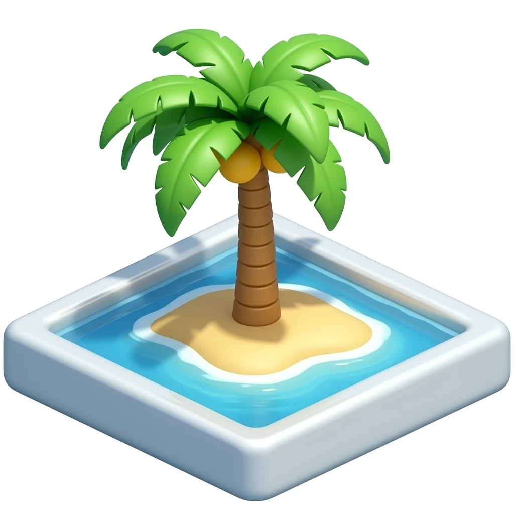 3D chrome, luxury island and palm tree, minimalist style, front view. emoji
