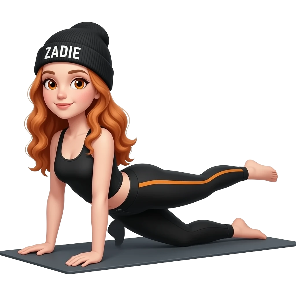 sexy girl with overlong wavy ginger hair and ginger eyes wearing a black tanktop and a black beanie with ZADIE written on it, is makes pilates emoji