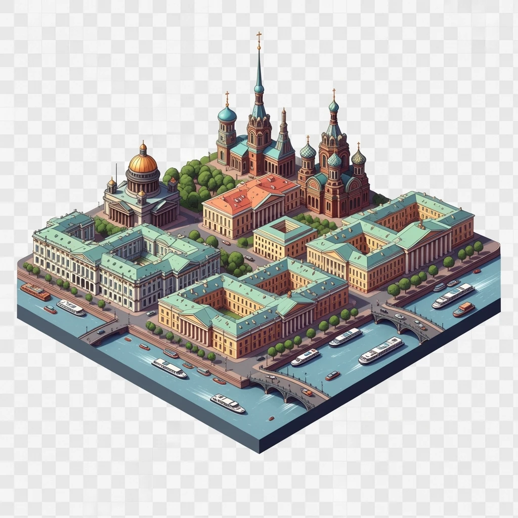 Изометрическая модель-иллюстрация Санкт-Петербурга с основными достопримечательностями баланс между стилизацией и реализмом, эффект рисованной миниатюры Tift shift, прозрачный фон. emoji