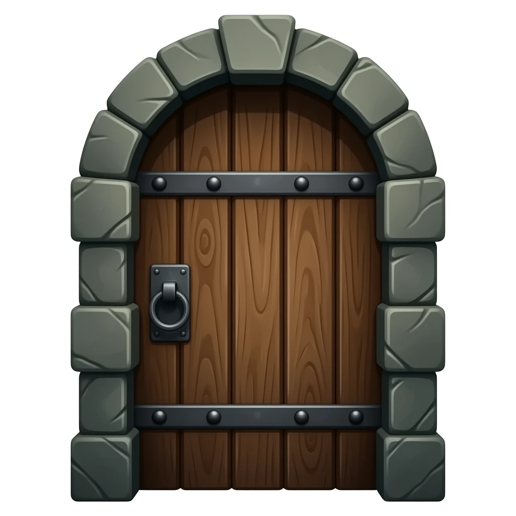 Dungeon door, wooden door with old metal bands, with stone trim, realistic, hyper real, high definition emoji