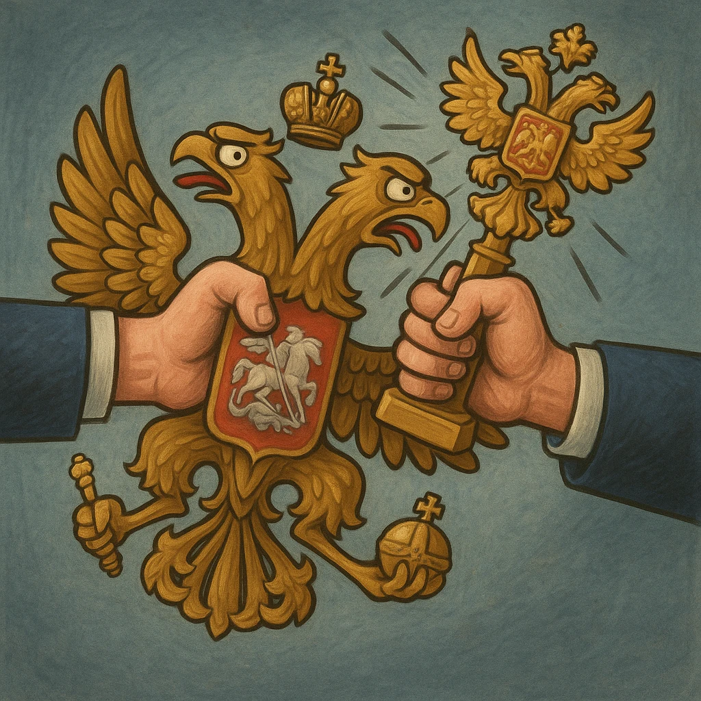 Российского двуглавого орла с одной стороны душит чья-то рука, а с другой стороны по другой голове его бьют по голове статуэткой двуглавого орла, объемный, рисованный стиль, немного мультяшности emoji