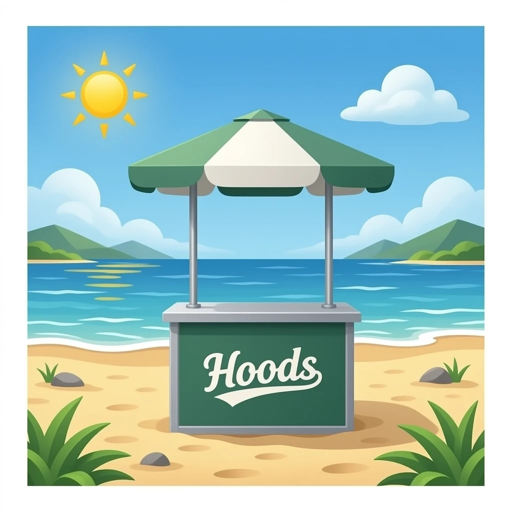 Stand Pop up vêtements de la marque « Hoods" sur la plage emoji