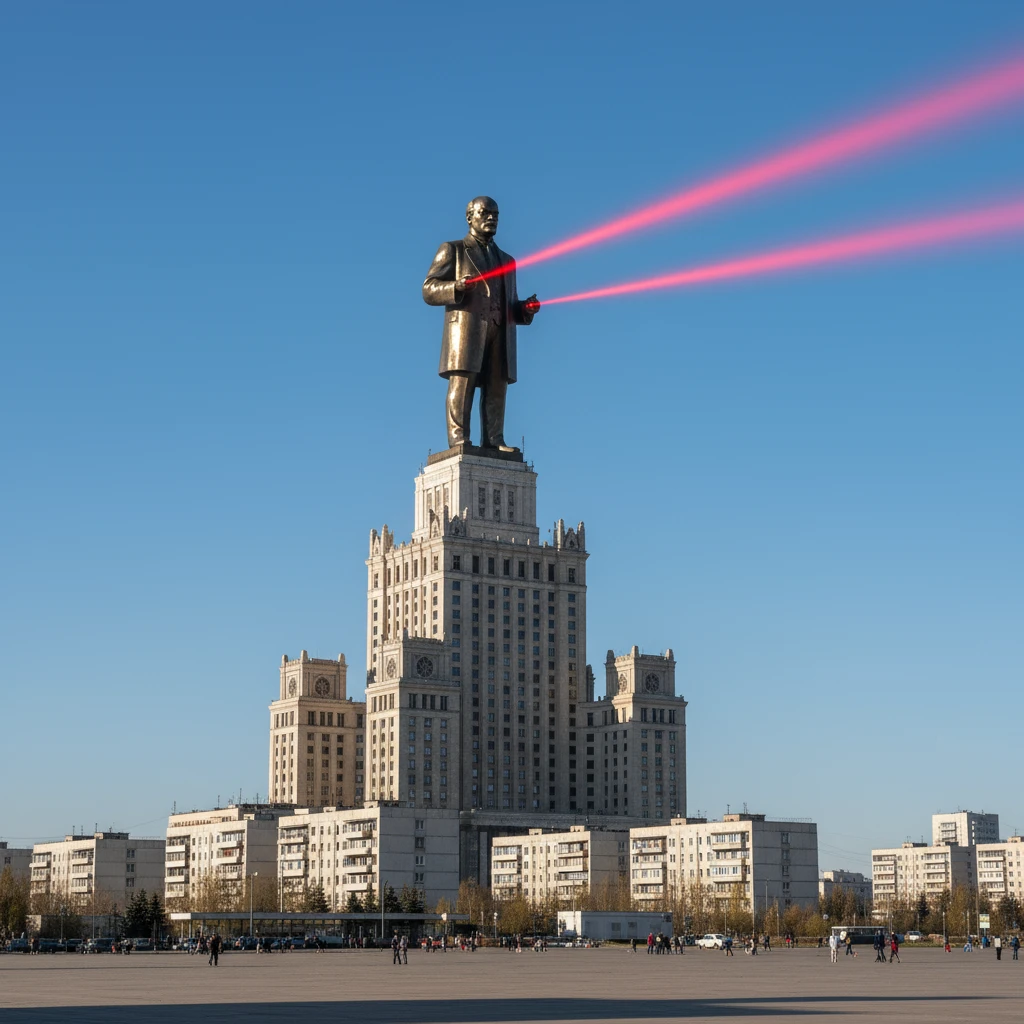 Дворец Советов, основной упор на 100-метровую фигуру Ленина, у которой из глаз вылетают 2 луча прожектора красного цвета.

На фоне можно поставить обычные пятиэтажки-панельки, которые в 20 раз меньше Дворца Советов

Стиль фото реализм, обычный солнечный день  emoji