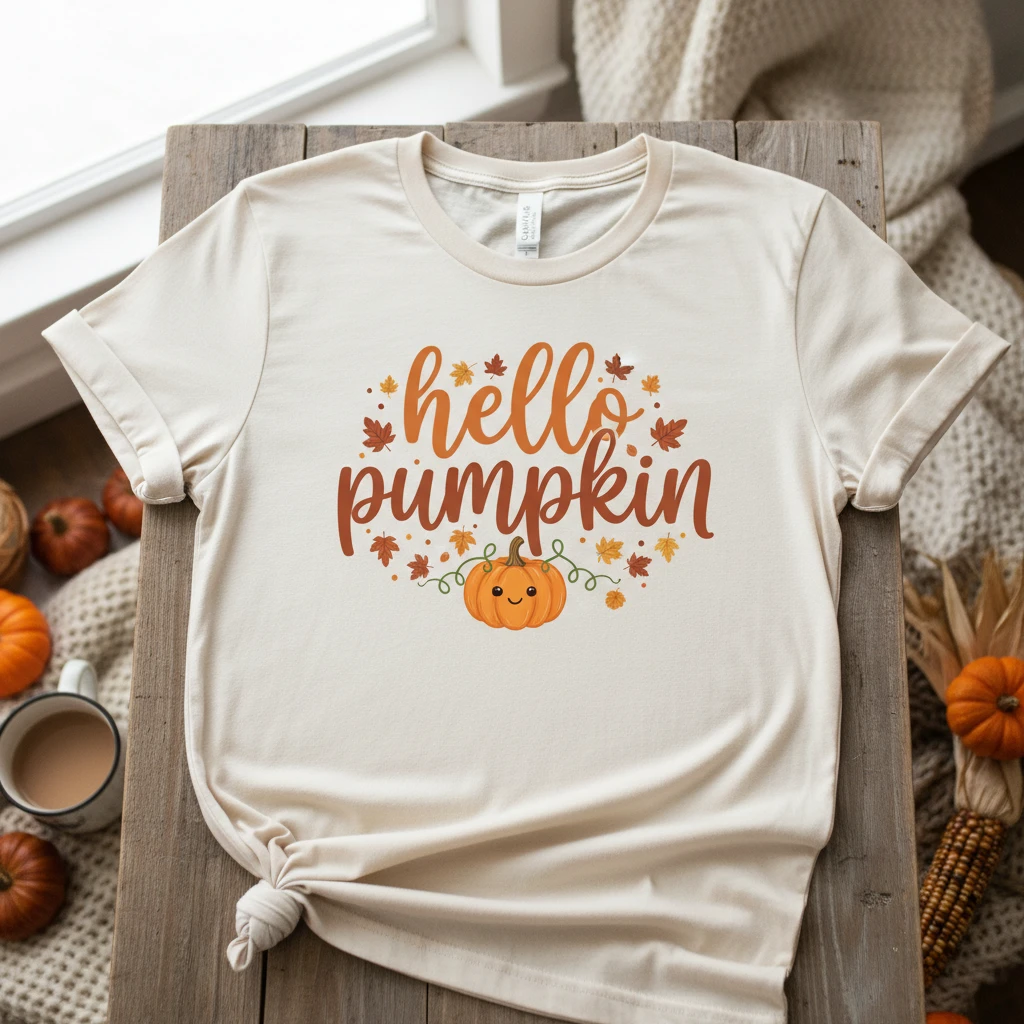 t shirt with print "hello pumpkin" emoji