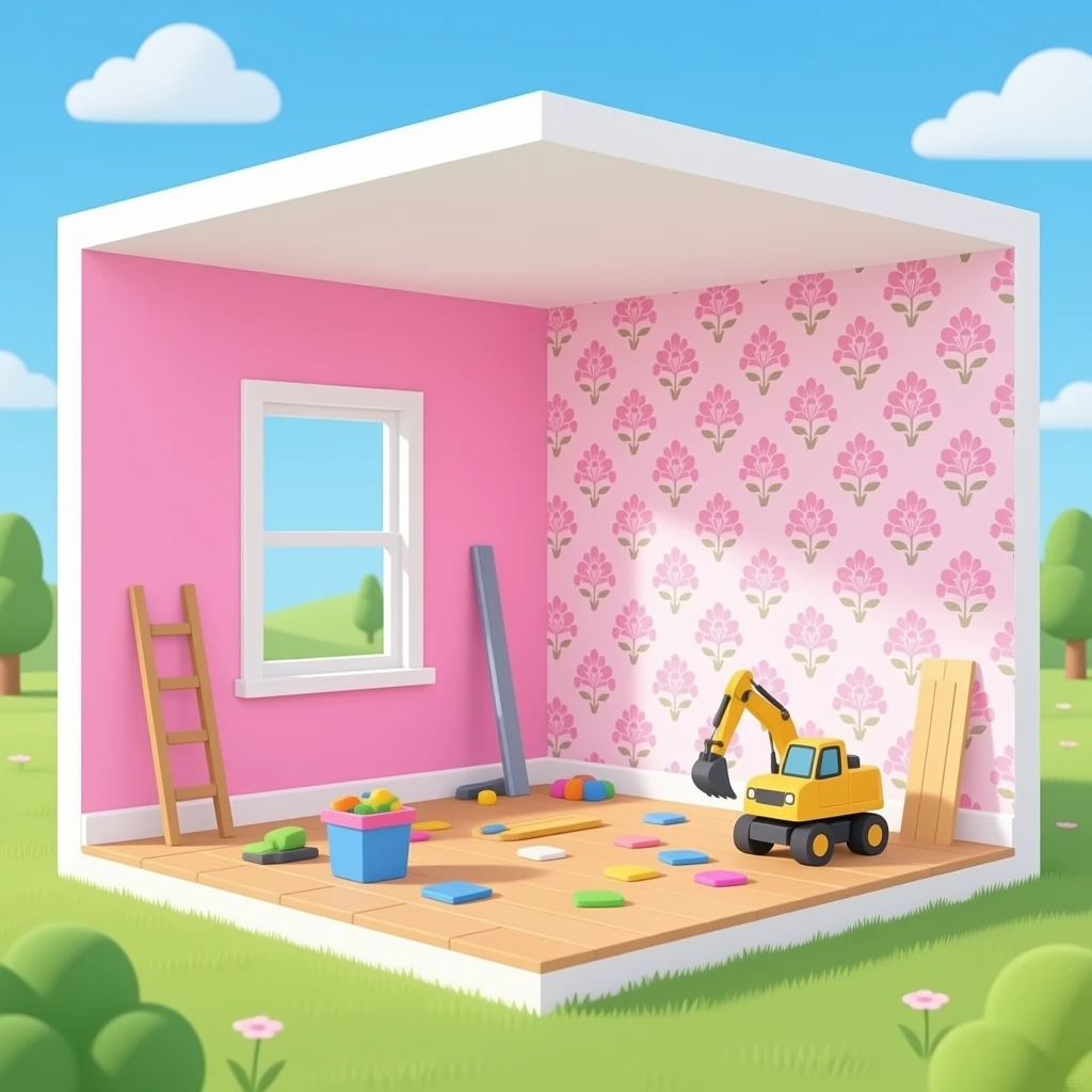 a room with one wall pink. another wall is half covered pink with a wallpaper with white underneath it, construction equipment and decorations around the room emoji