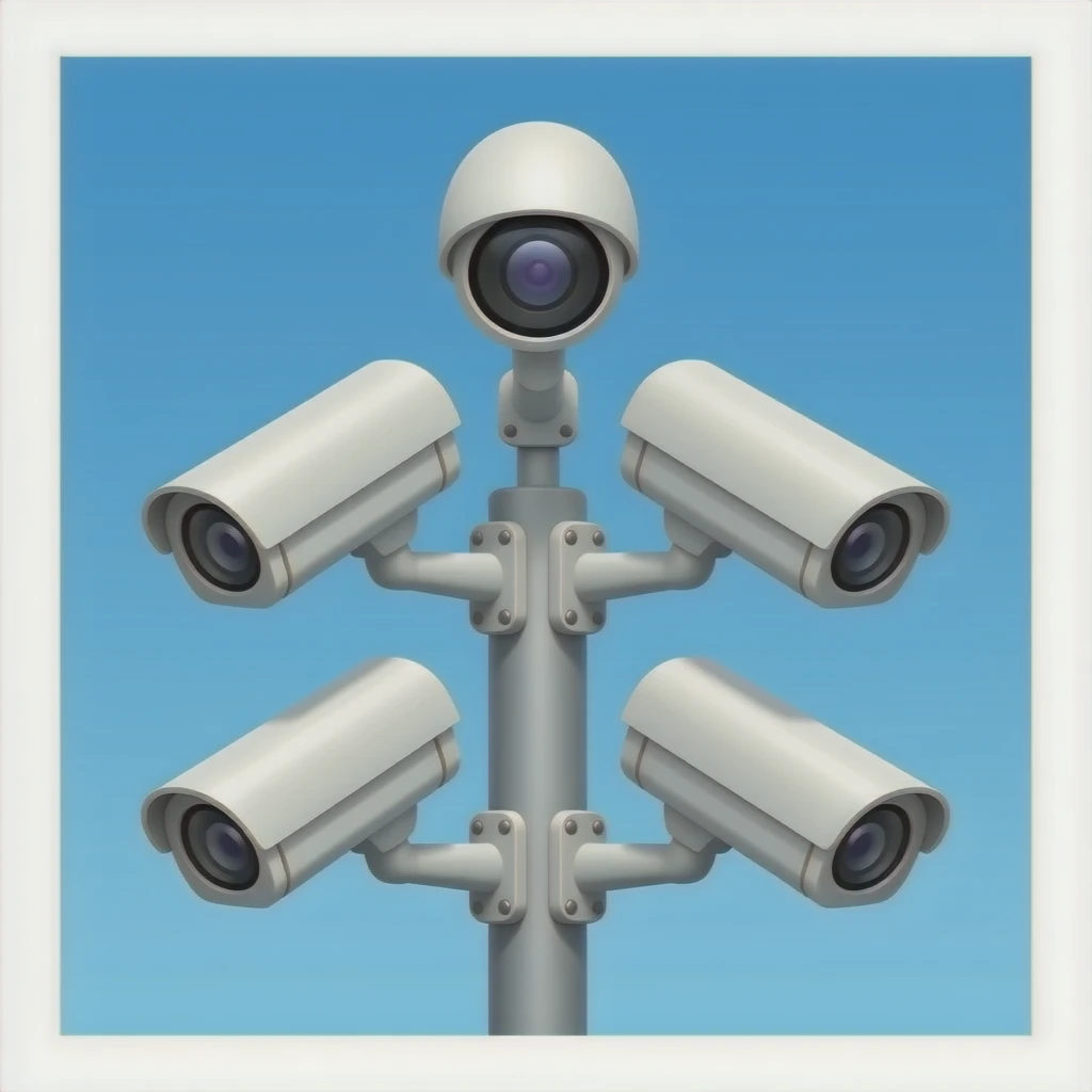 Five CCTV cameras on a pole with one dome camera emoji