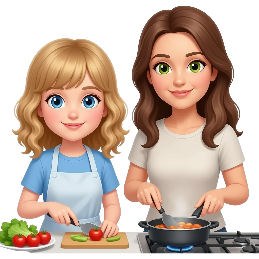 white kid blue eyes mid length hair to shoulders with bangs soft curly hair to shoulders in color: middle to little darker blond. With her mother, a mother white with hazel green eyes and level 7 hair brown hair long to her chest. cooking togetger emoji