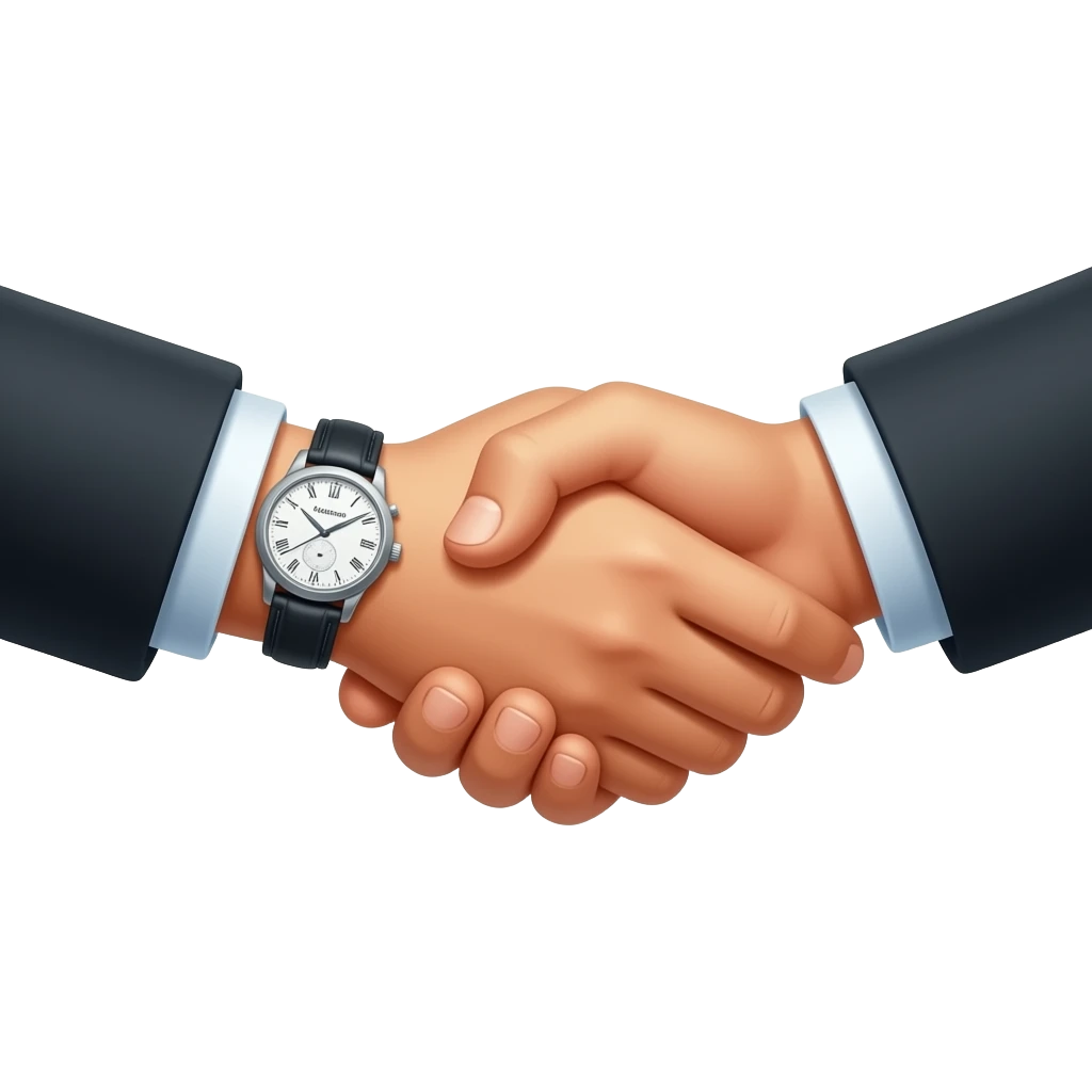 create me hand shake where one of two hands have ademar pique watch on hand, and this hand with watch is on left side, both hands have suit on emoji
