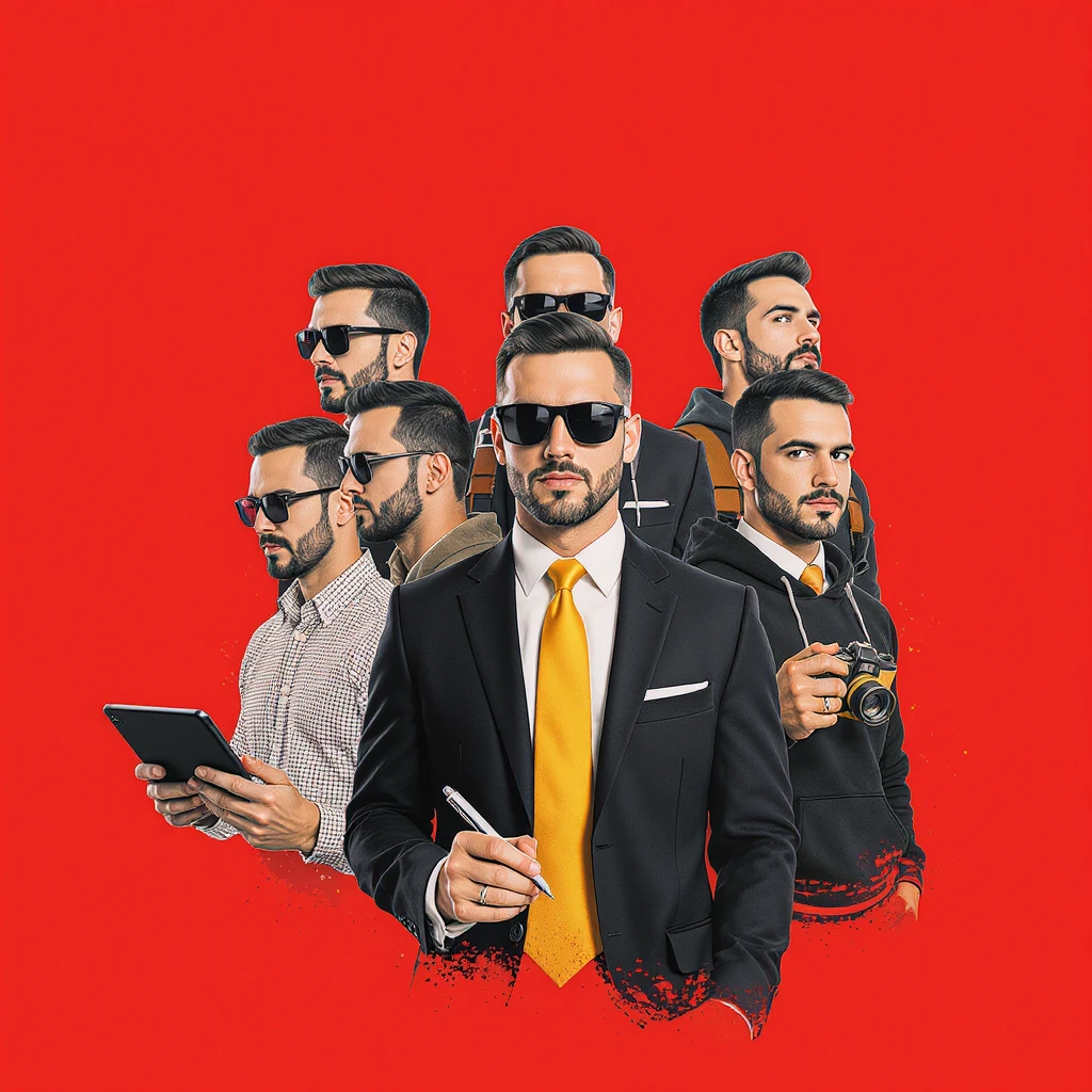 Dynamic poster, Make him as 5 clones. First holding ipad, Second holding camera, another writing, make them diffrent outfits (red soild background) emoji