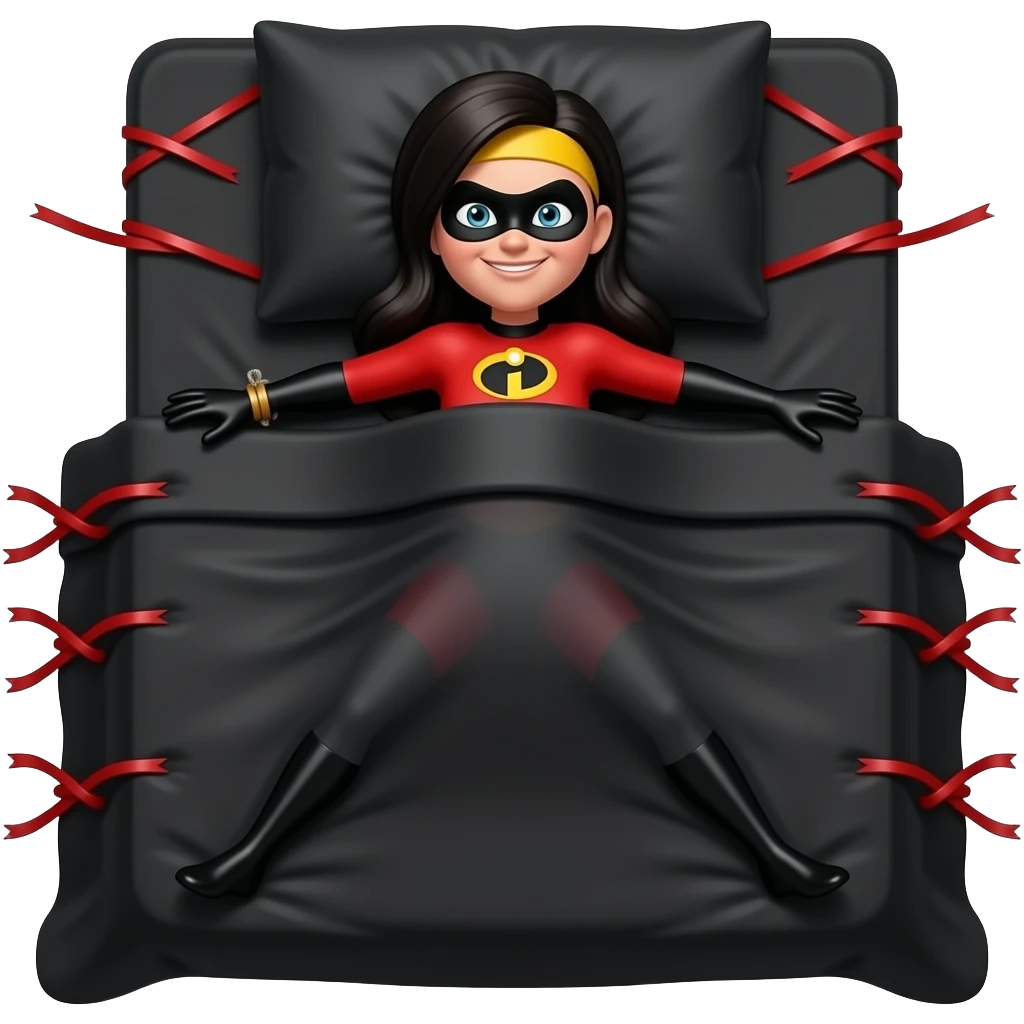 Violet Parr,Incredibles, red suit, yellow head band, long black hair,  Tied to a black bed, arms and legs spread, tied to the corners of the bed, black sheets, black pillow red silk ropes emoji