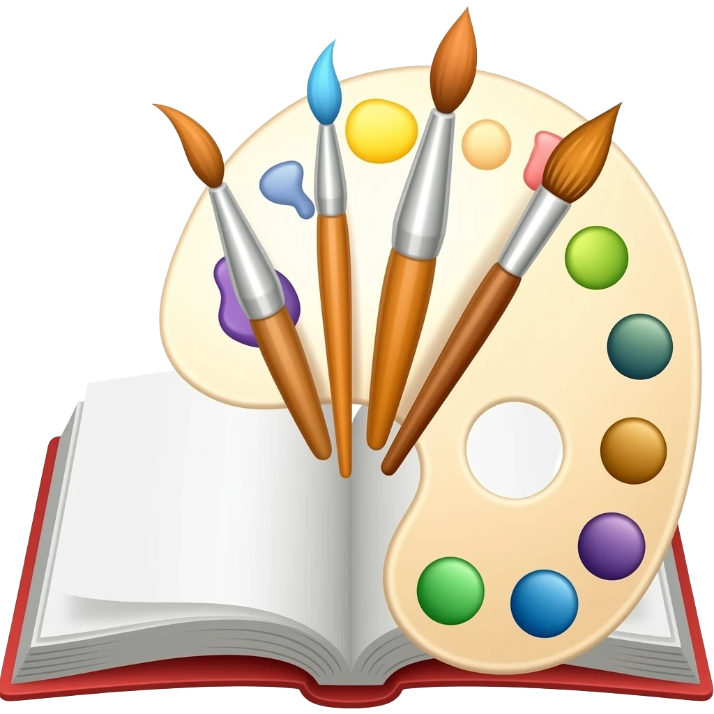 ракрытая книга,впереди палитра художника с кистями emoji