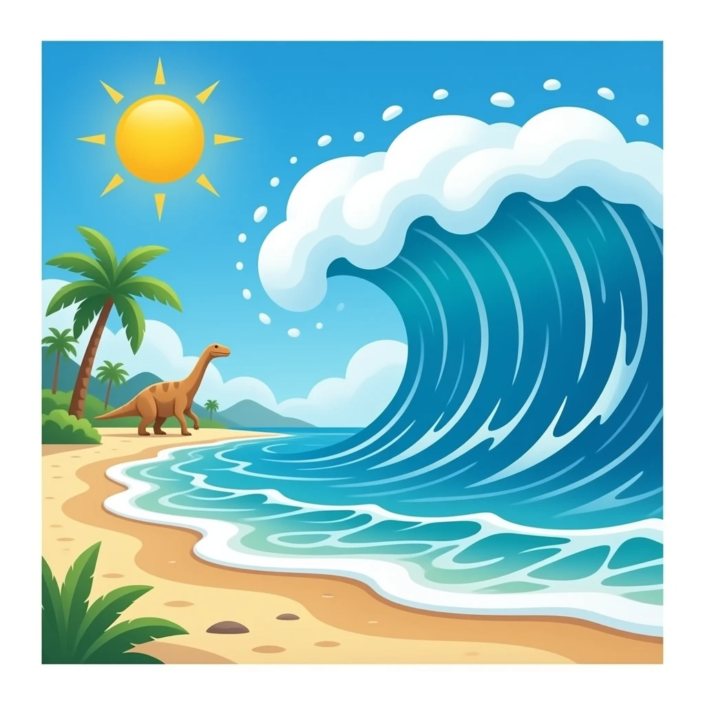playa con olas gigantes i con un dinosaurio emoji