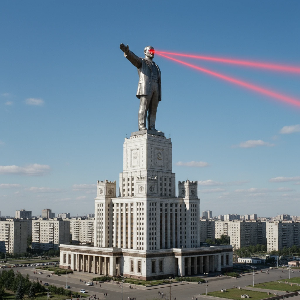 Дворец Советов, основной упор на 100-метровую фигуру Ленина, у которой из глаз вылетают 2 луча прожектора красного цвета.

На фоне можно поставить обычные пятиэтажки-панельки, которые в 20 раз меньше Дворца Советов

Стиль фото реализм, обычный солнечный день  emoji