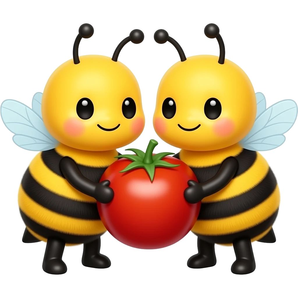 two cute bumblebees holding a cherry tomato together emoji