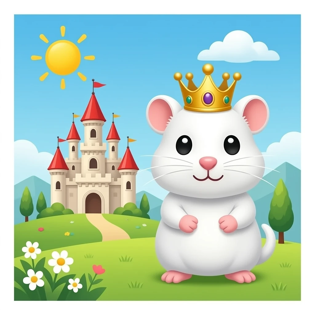 A white hamster wearing a crown and a castle emoji