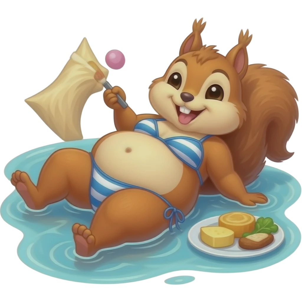 A female squirrel enjoys the beach holiday in her swimmers,but she is so full from a lunch break that she is about to burst,Then her fat Tummy rolls & drops out,she will just lay on her back in the shallow cool water,her gluttonous belly promotes a good resort business. emoji
