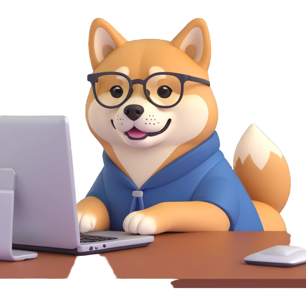 shiba inu with eye glasses and computer emoji