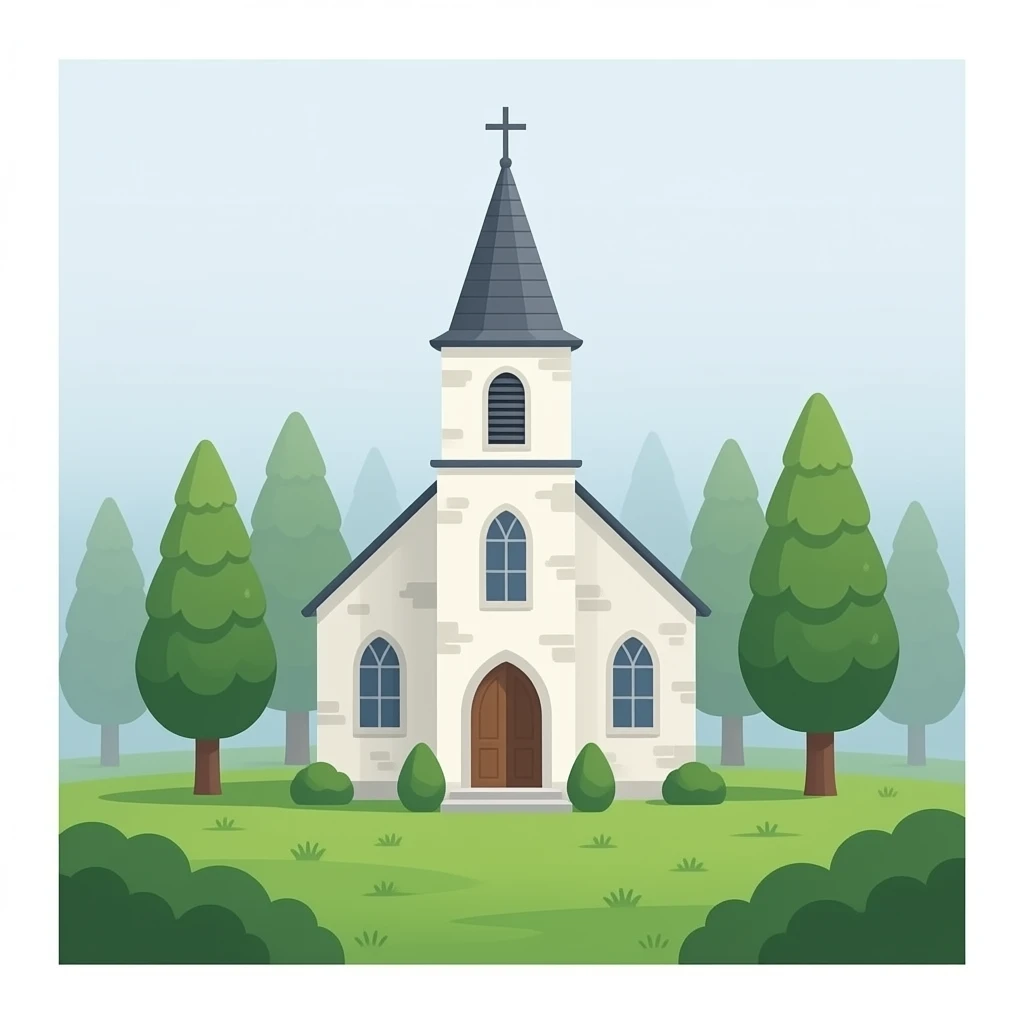 iglesia en lugar frio medio, arboles verdes y pasto solo nieblina emoji
