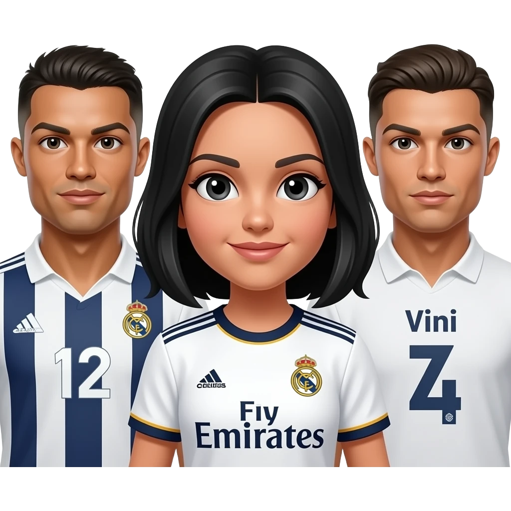 صوره لبنت في الوسط لون شعرها اسود و لابسه ريال دريد و على اليمين vini و على اليسار رونالدو emoji