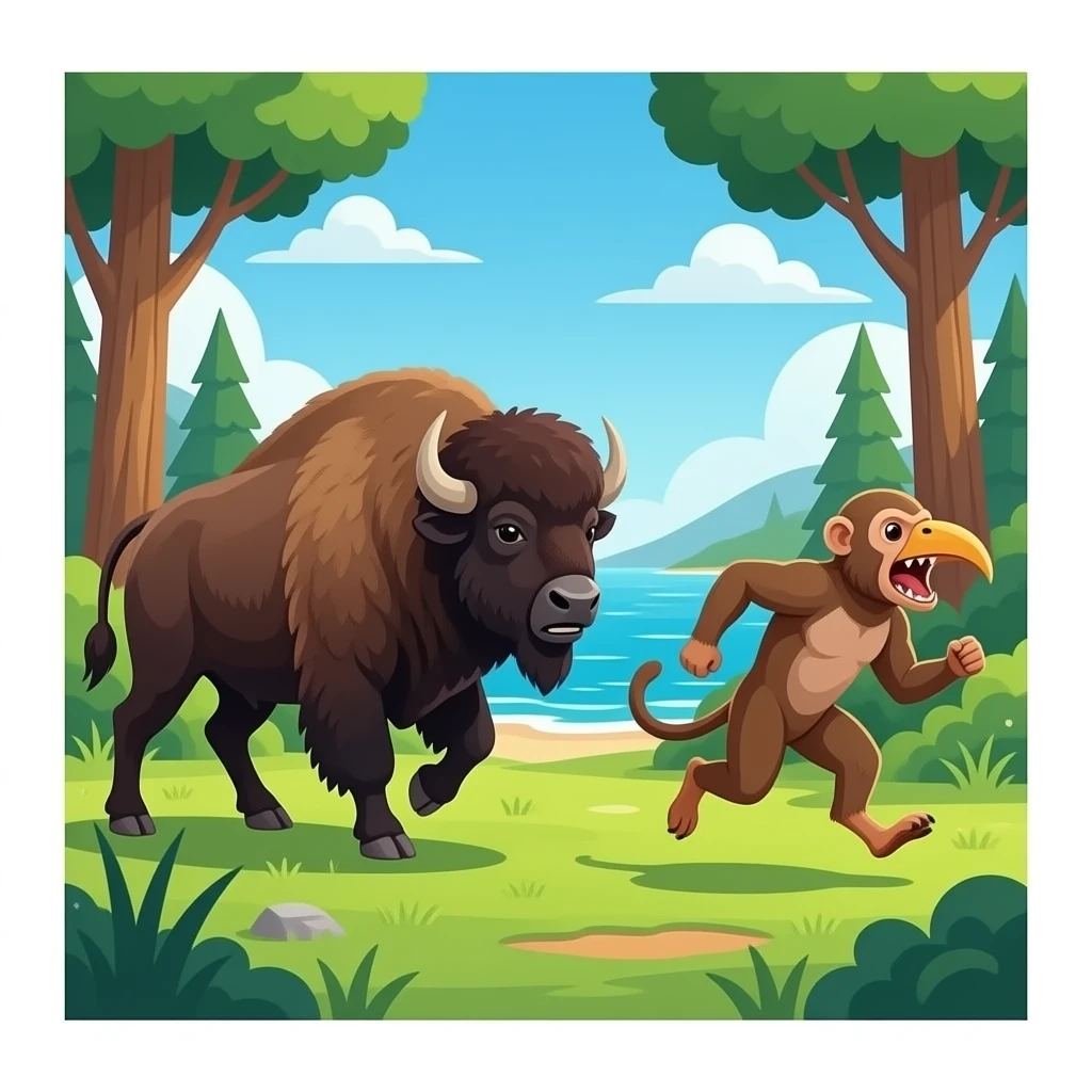 Bison,macaque and ocean prehistoric bird running from scary smilodon in the forest emoji