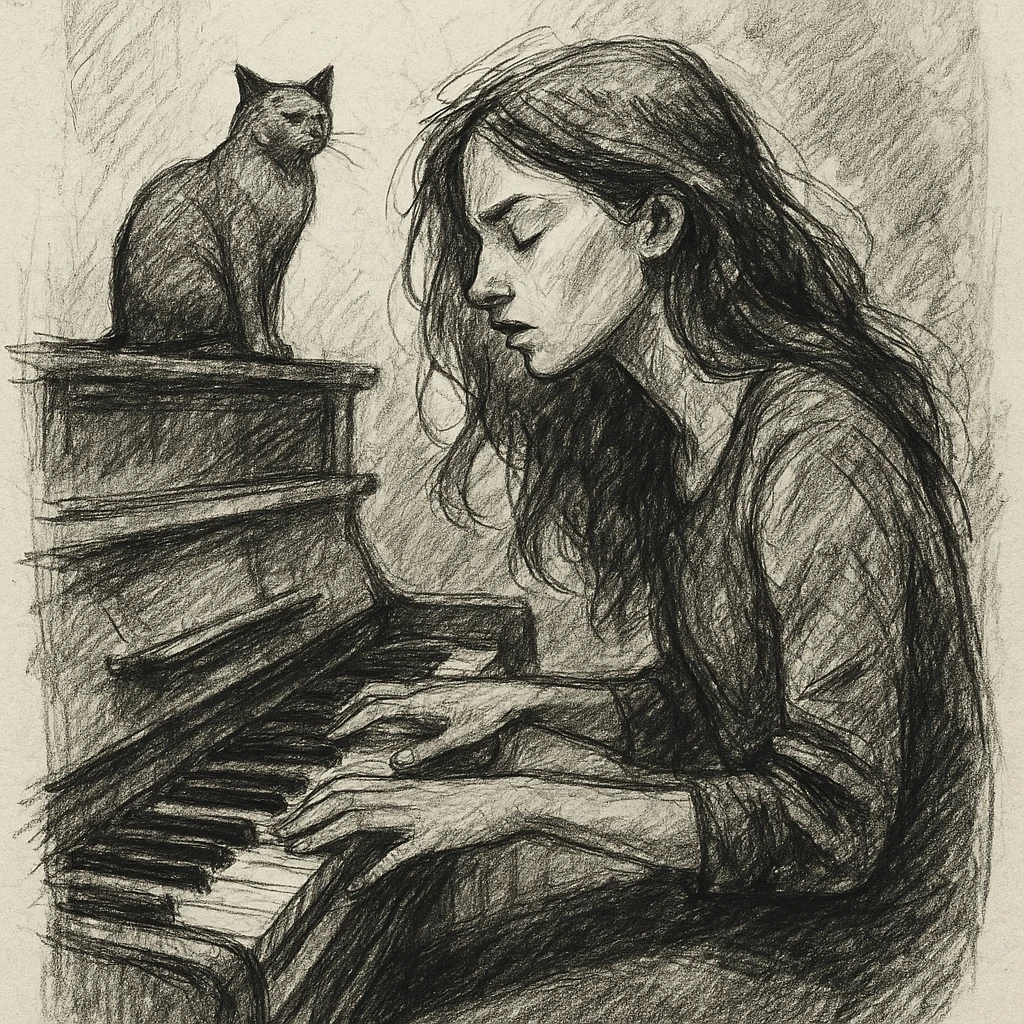 woman playing piano while her cat sits on top of the piano emoji