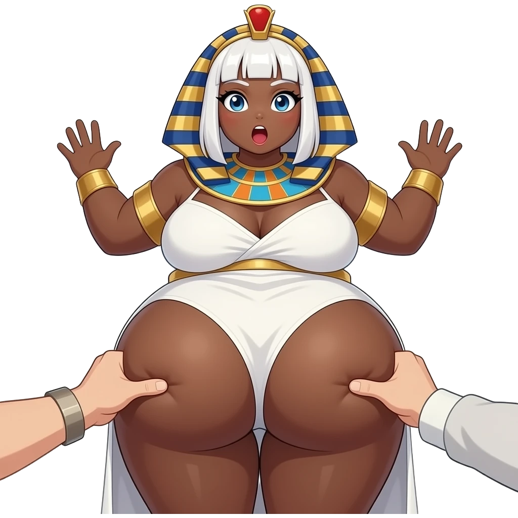 African Anime extremely fat big booty a white hair female creature cosplaying Egyptian girl showing back her buttocks with putting her hands behind the wall with her white dress with somebody's  hand squeezing her buttocks with a surprised look emoji