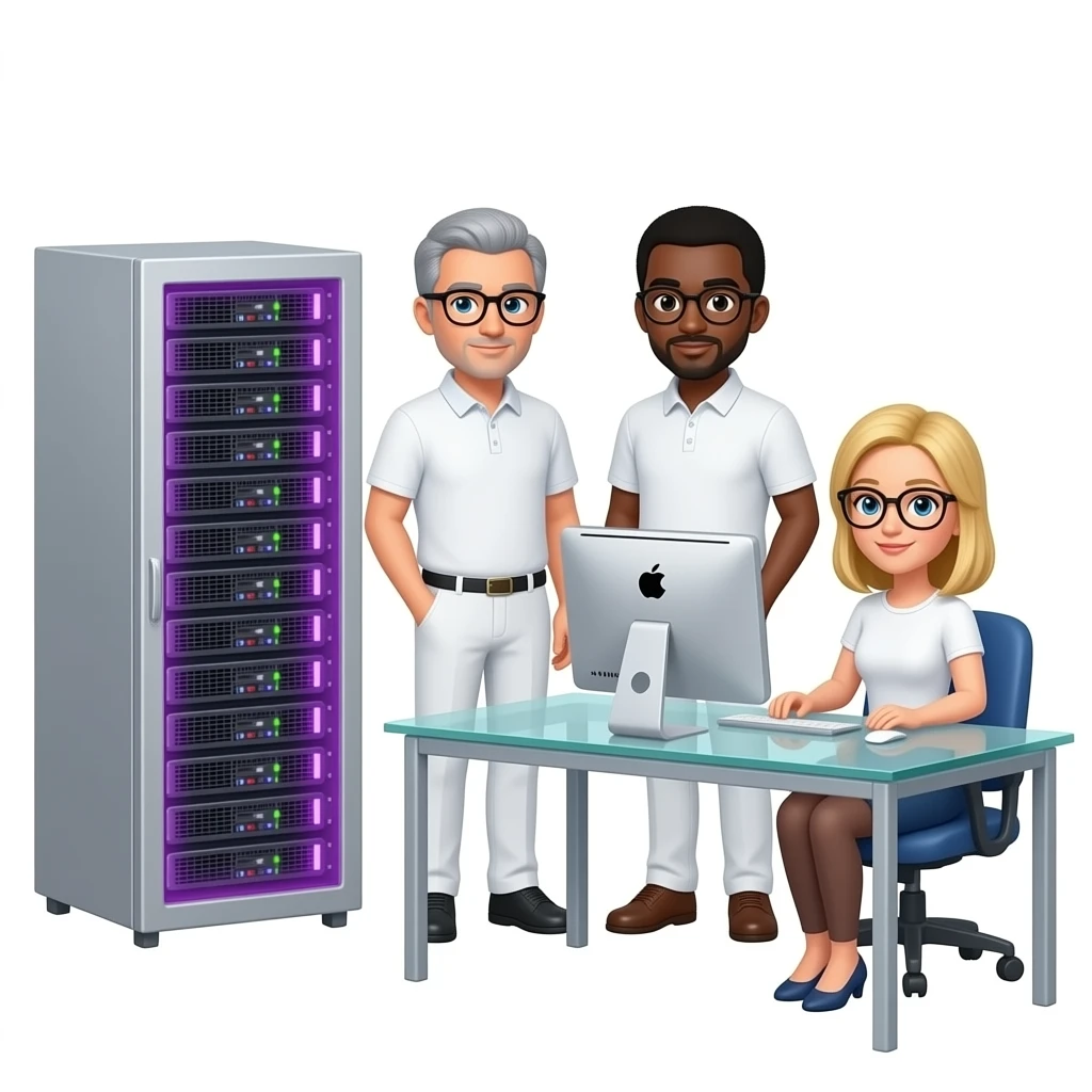In the background is a silver server cabinet with purple backlighting, in the foreground is a glass table and an imac computer, two men are standing, gray hair, black glasses, black hair, round glasses, dressed in white pants and a polo shirt, a blonde girl in glasses is sitting at the table, emoji
