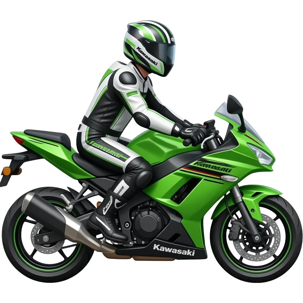 moto verte, kawa 250 avec combi blanche et noire emoji