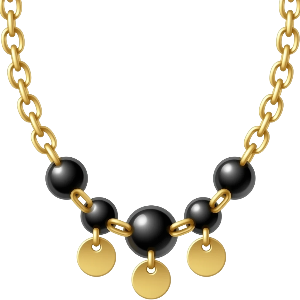 Gold chain with 4 black beads equidistantly spaced and two small circular discs hanging as pendant emoji