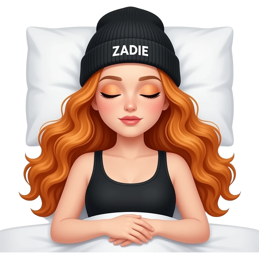 sexy girl with overlong wavy ginger hair and ginger eyes wearing a black tanktop and a black beanie with ZADIE written on it,  is lying in bed and sleeps emoji
