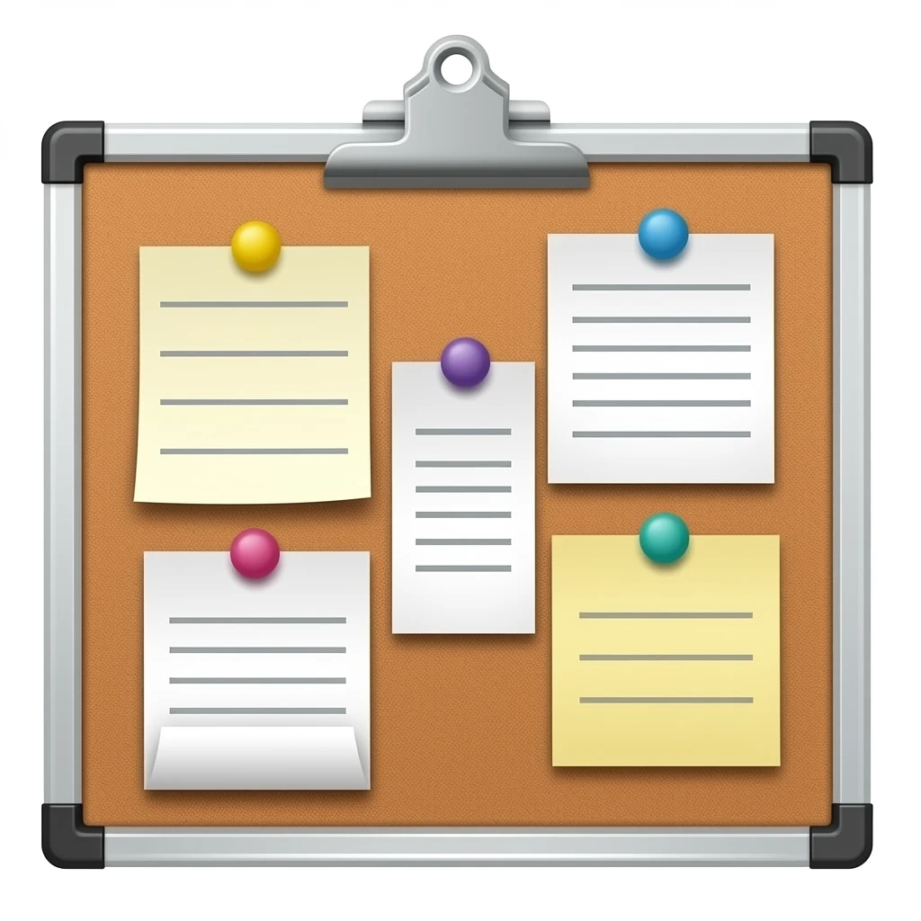 message board with posted notes. absolutely no clip at the top emoji