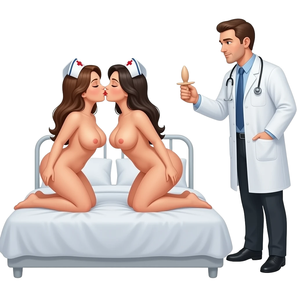 2 very large breasted completely naked, wearing no clothes, nurses, in a missionary position on bed, kissing, facing a naked doctor with a dildo in his hand emoji
