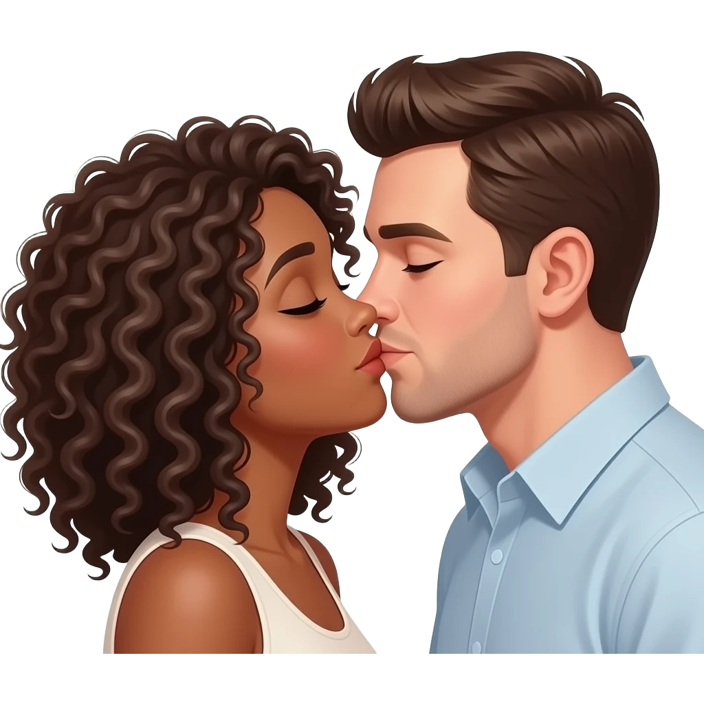Quiero un avatar de Dos pareja besandose la chica es morena con cabello rizado, y hombre su piel es  blanca emoji