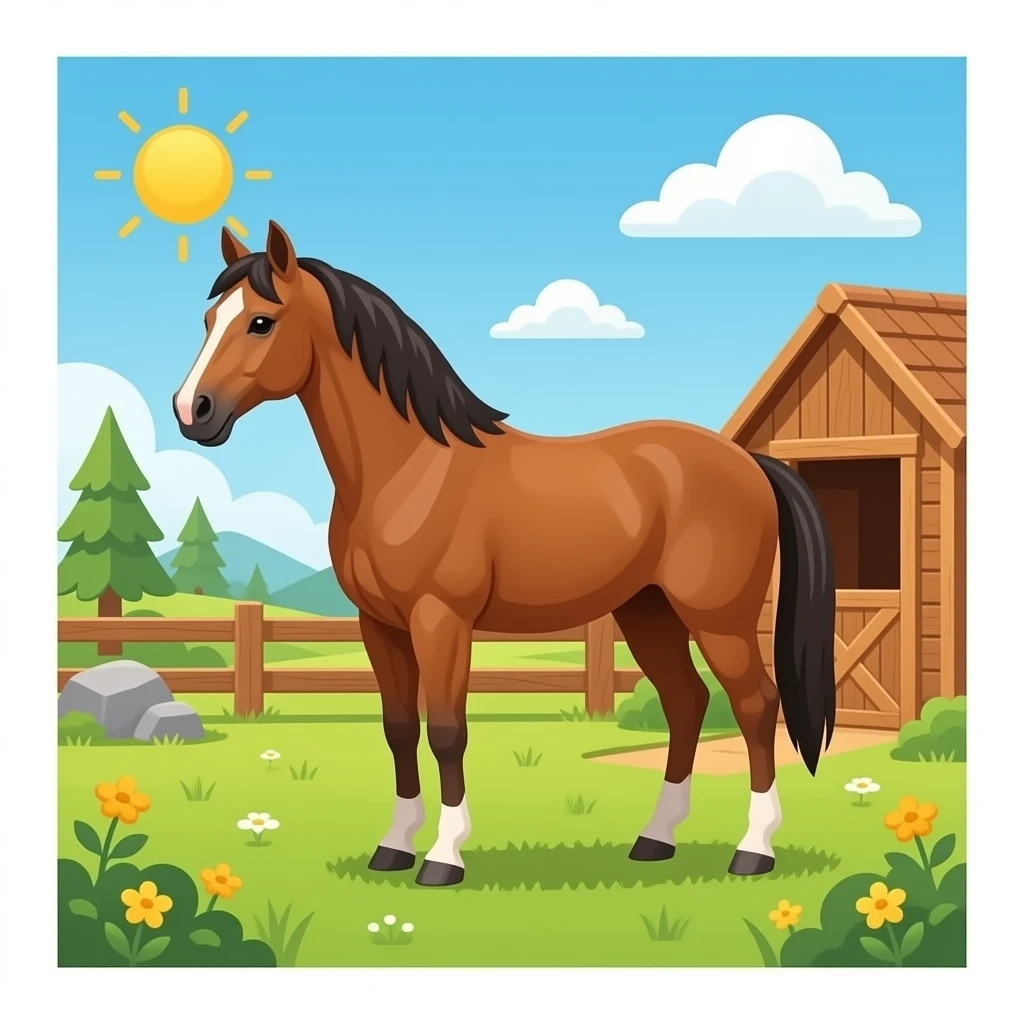 The horse is in the cozy wooden stable. emoji