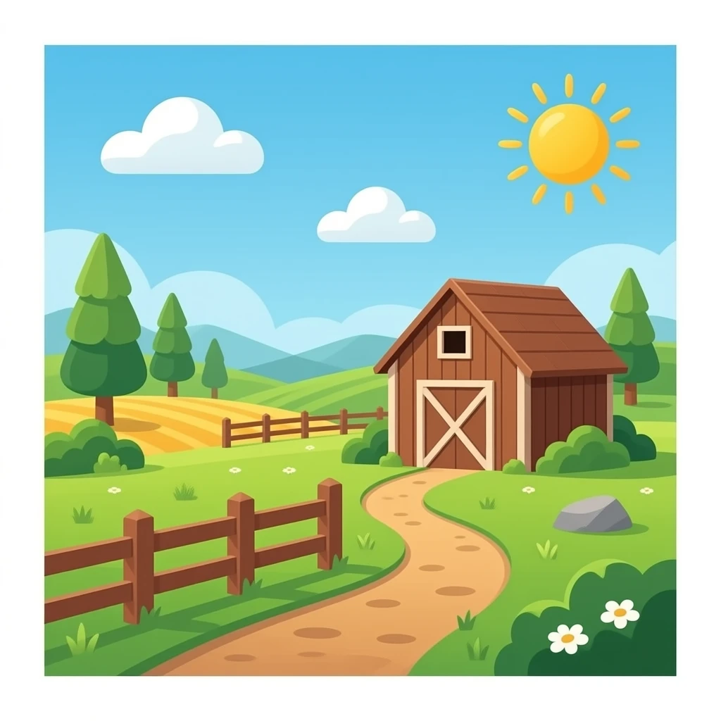 A farm background 2d a brown sheed with a fence and a path emoji